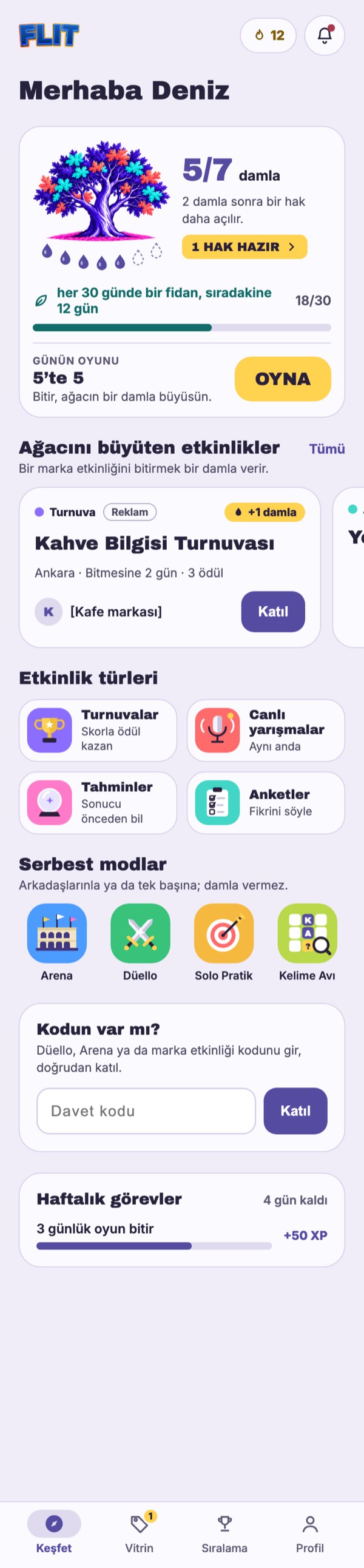 FLIT uygulamasında Keşfet: ağaç, günün oyunu ve marka etkinlikleri